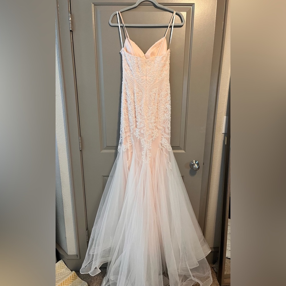 blush pink and white embellished dress with long tulle train - Picture 2 of 3